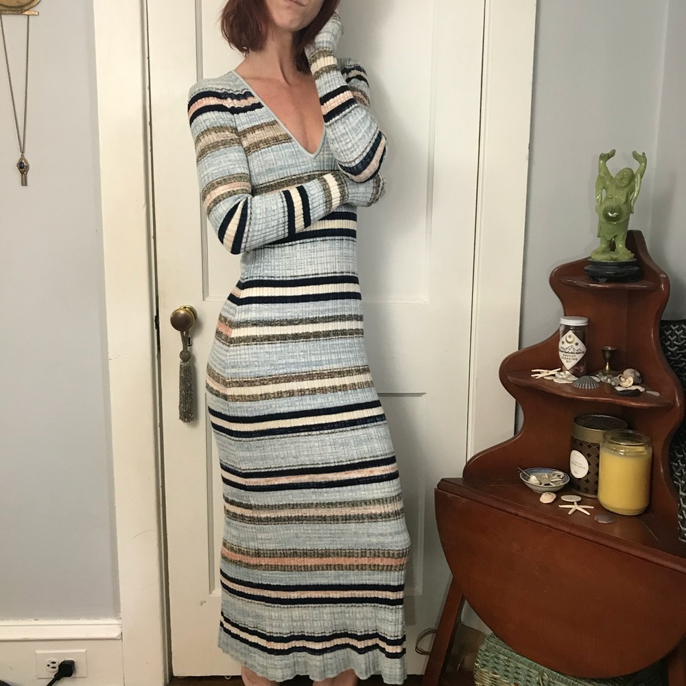 Free People Blue Striped Knit Bodycon Maxi Dress